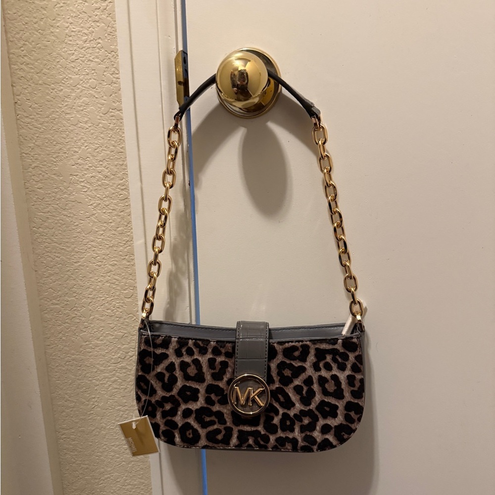 Michael Kors Leopard Print Shoulder Bag with Gold Chain